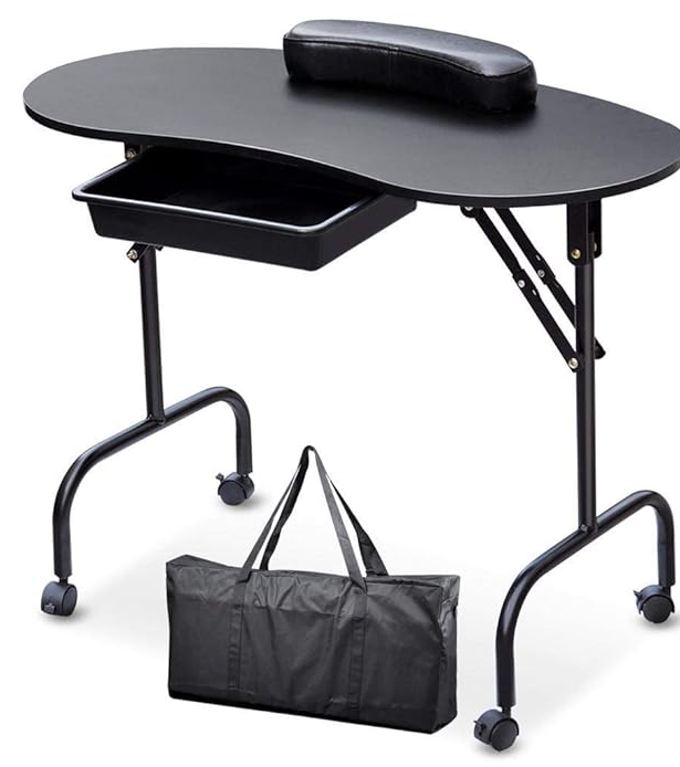 Topeakmart Manicure Nail Table Station - Foldable Nail Technician Desk Workstation Spa Beauty Salon w/Drawer/Client Wrist Pad/lockable Wheels/Carrying Case Black 37-inch Black